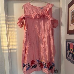Pink Cold Shoulder Dress with Floral Embroidery